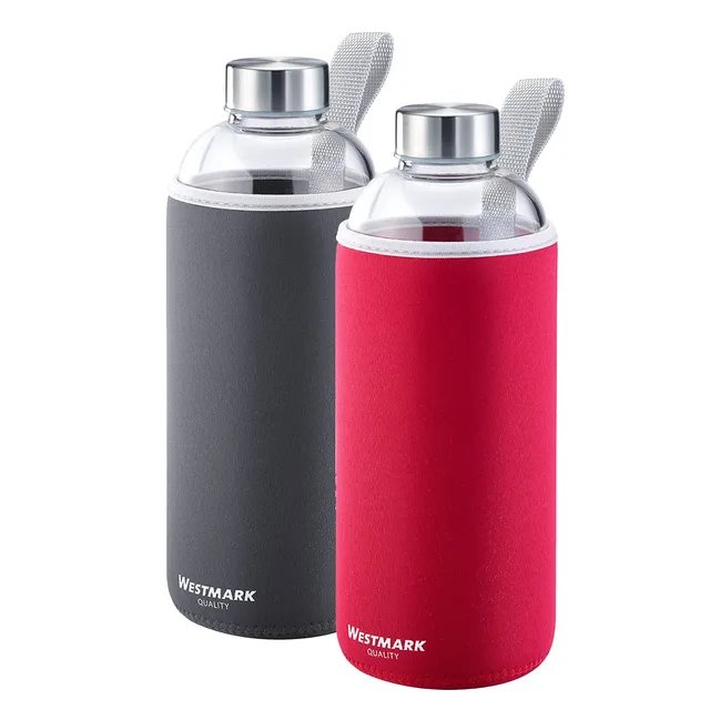 westmark-viva-527422e8-set-de-2-gourdes-en-verre-1000-ml-avec-housses-bouchon-ta image 1