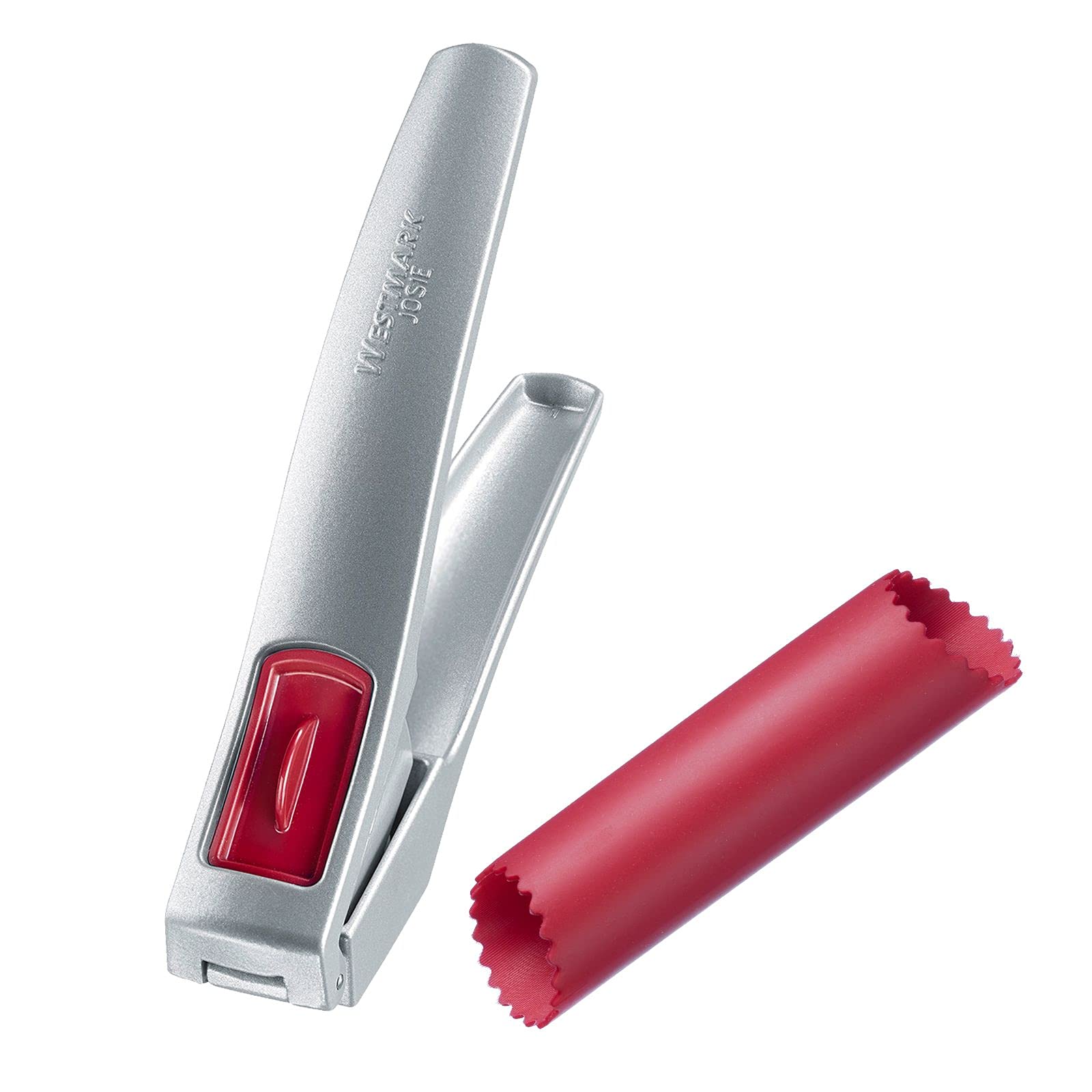 westmark-300822e6-presse-ail-josie-en-silicone-plucheur-d-ail-peel-fix-gris-roug image 1